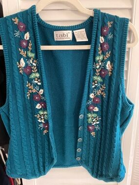 Tabi International Teal Embroidered Cable-Knit Sweater Vest